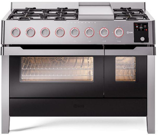 ILVE - Panoramagic 48" Dual Fuel 8 Gas Burners w/ Griddle Double Oven - Liquid Propane