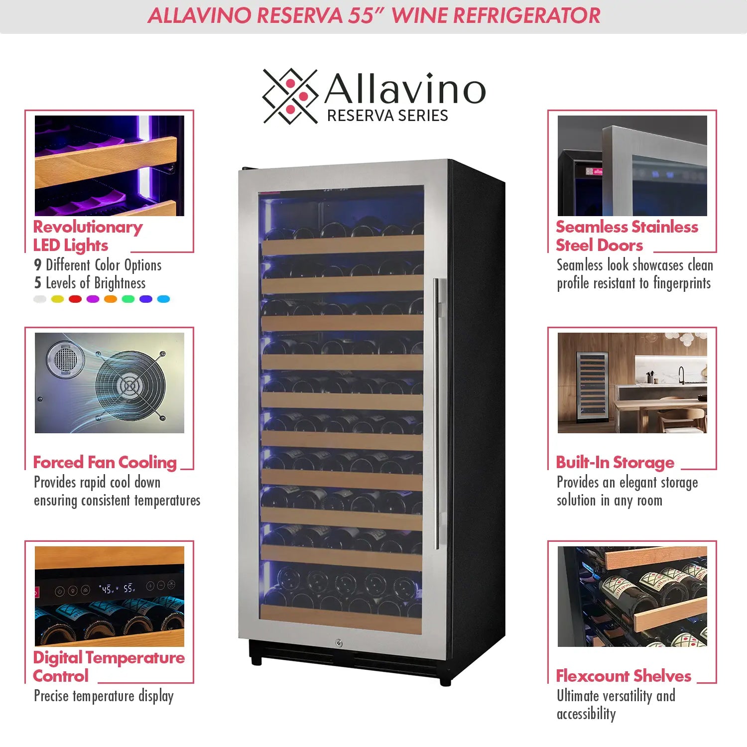 Allavino - Reserva Series 119 Bottle 55" Tall Single Zone Left Hinge Stainless Steel Wine Refrigerator
