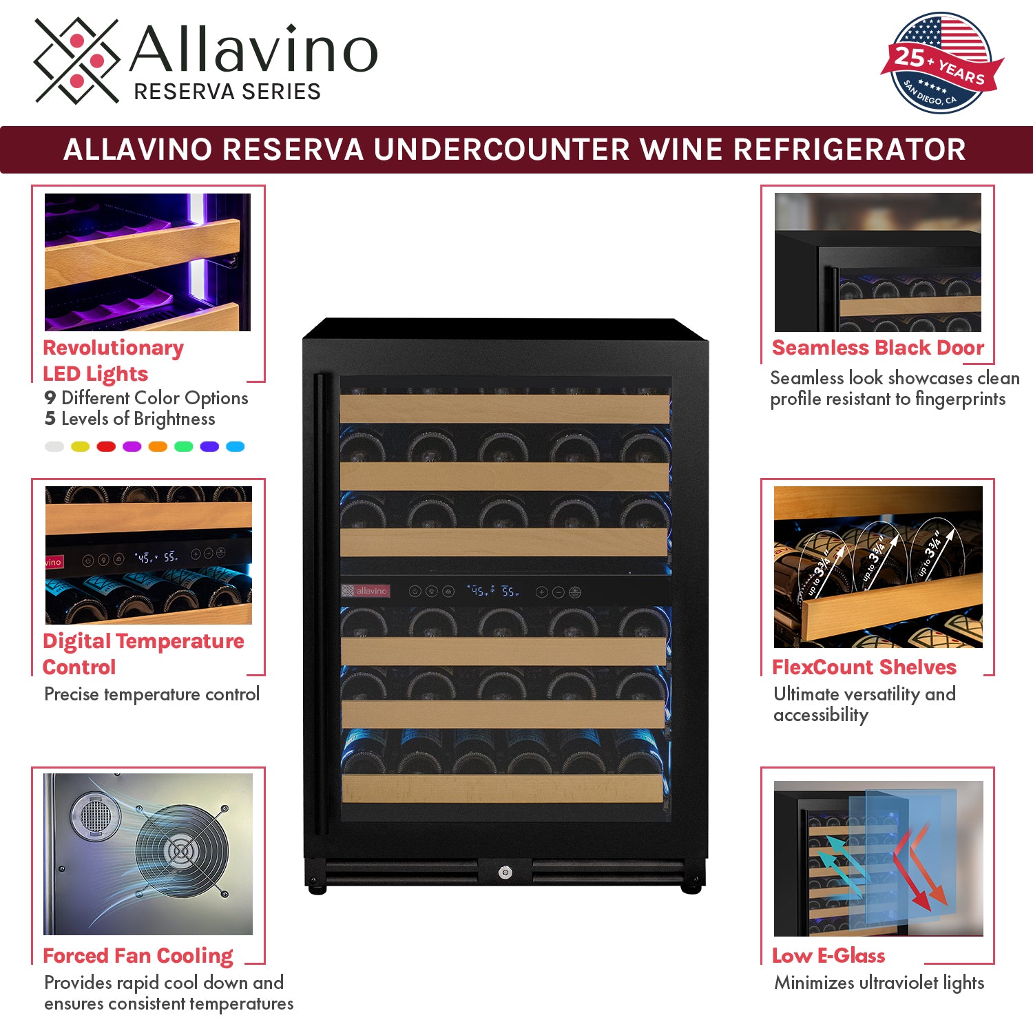 Allavino - Reserva Series - 56 Bottle Dual Zone Built-in Luxury Wine Refrigerator with Black Door