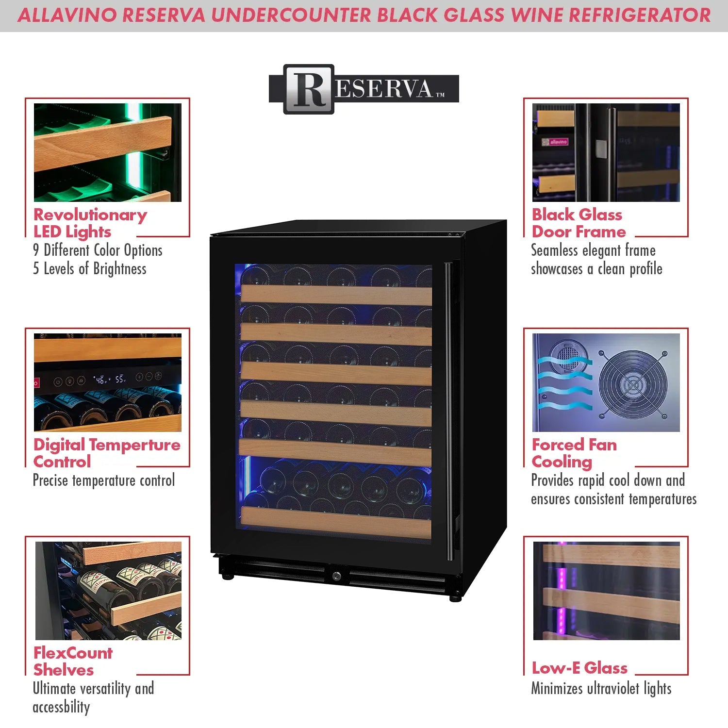 Allavino - Reserva Series - 56 Bottle Single Zone Built-in Luxury Wine Refrigerator with Black Door