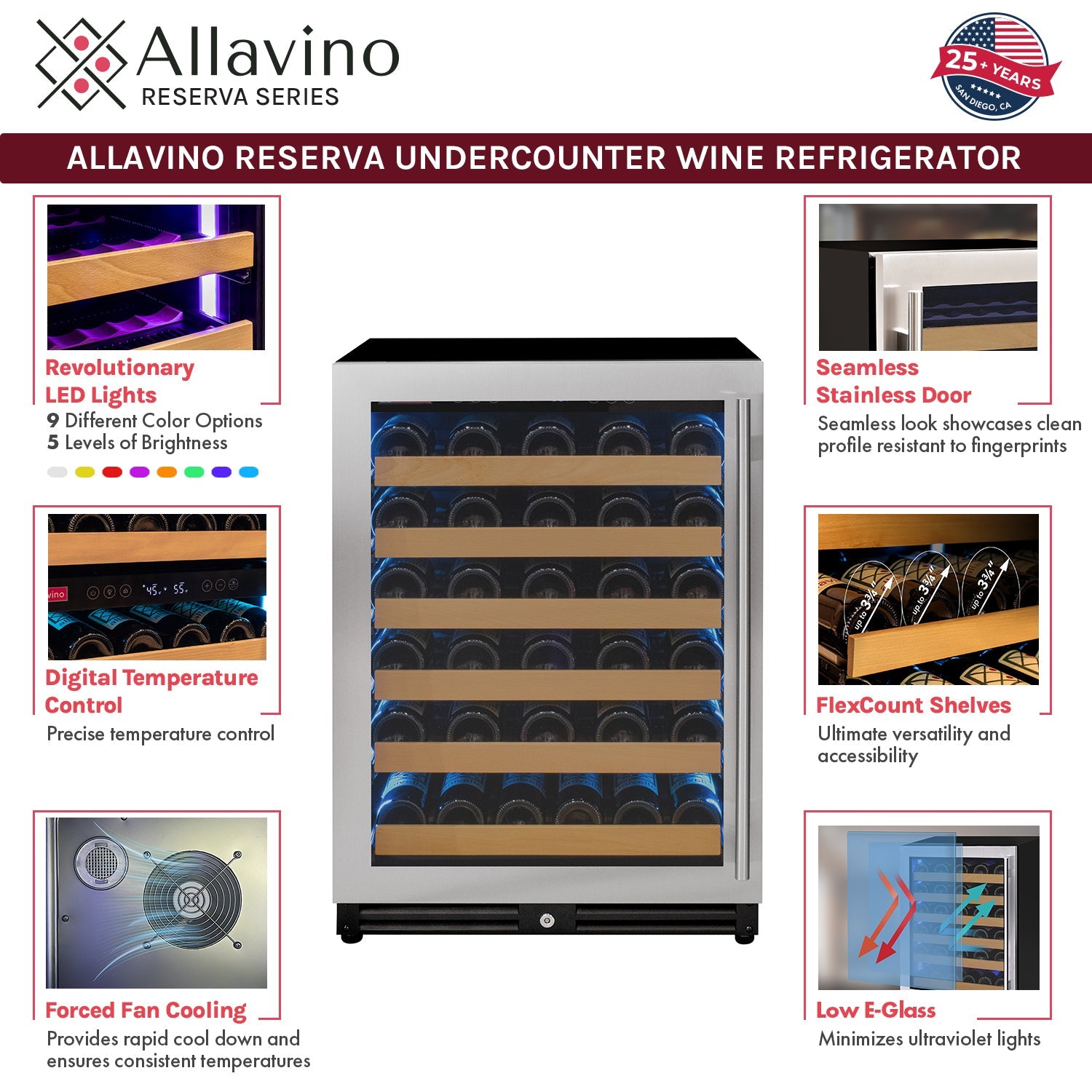 Allavino - Reserva Series - 56 Bottle Single Zone Built-in Luxury Wine Refrigerator with Stainless Steel Door