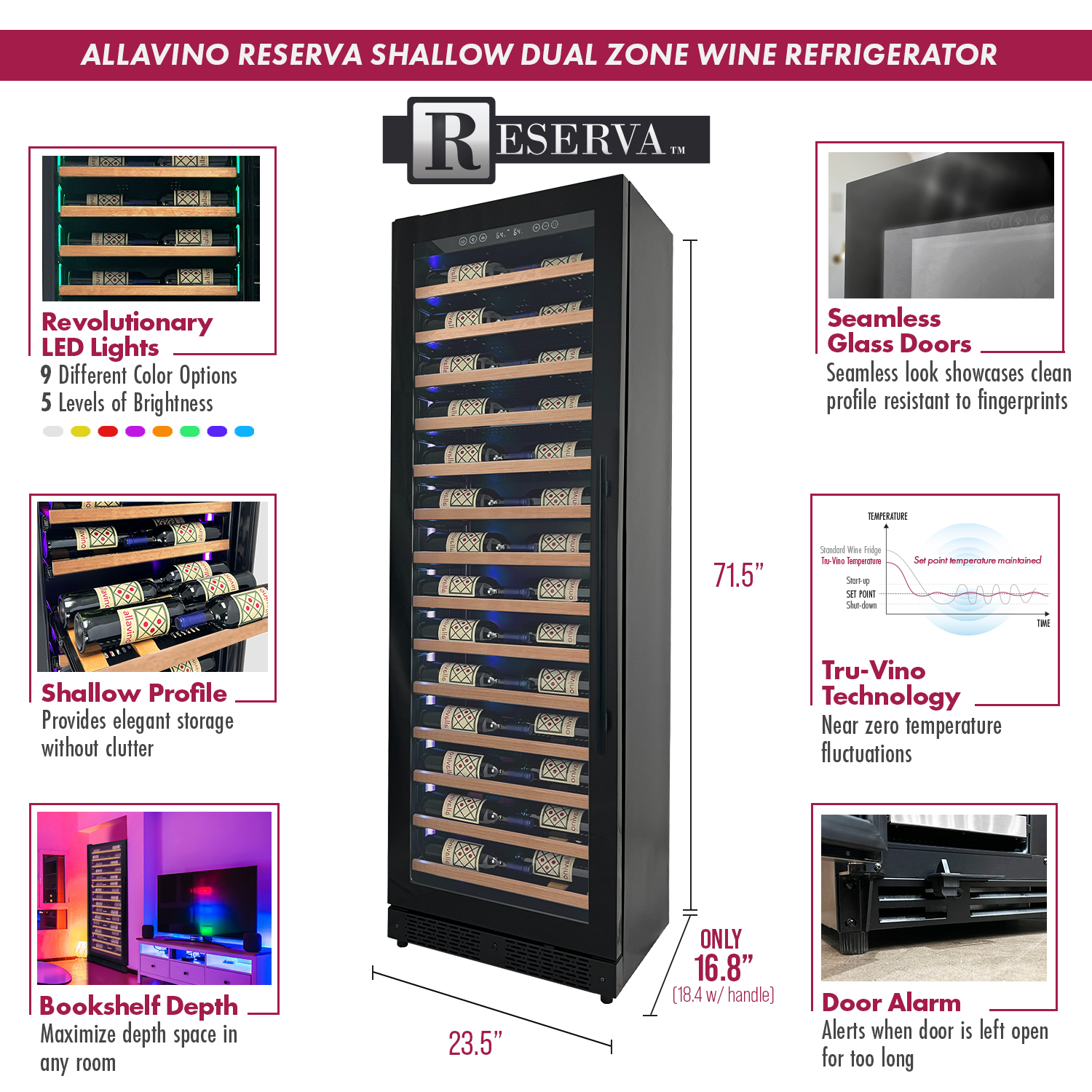 Allavino - Reserva Series 134 Bottle 71" Tall Dual Zone Black Side-by-Side Shallow Wine Refrigerator with Wood Front Shelves - BF 2X-VSW6771S-1B-W