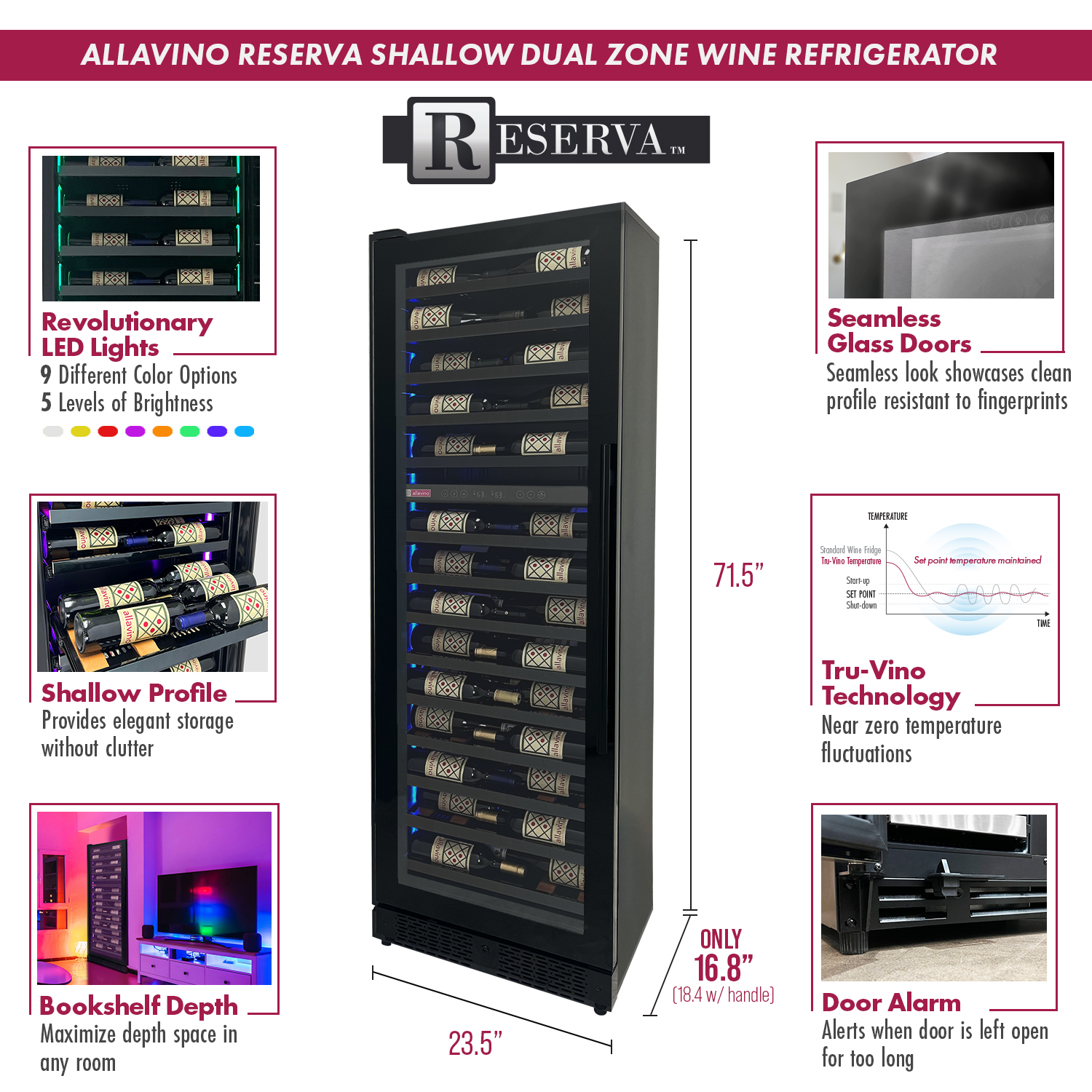 Allavino - Reserva Series 67 Bottle 71" Tall Dual Zone Black Shallow Wine Refrigerator Console