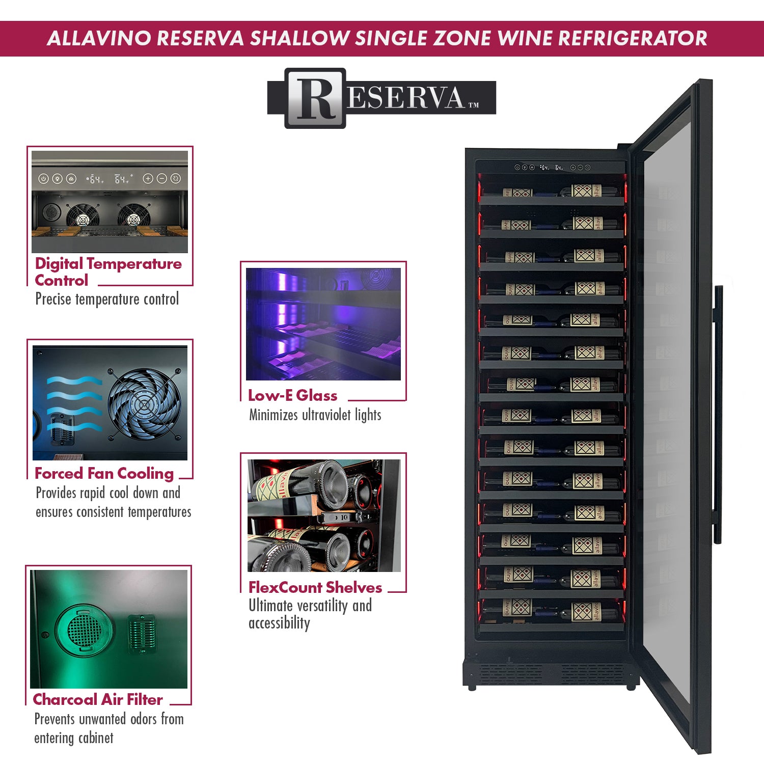 Allavino - Reserva Series 67 Bottle 71" Tall Single Zone Black Shallow Wine Refrigerator Console