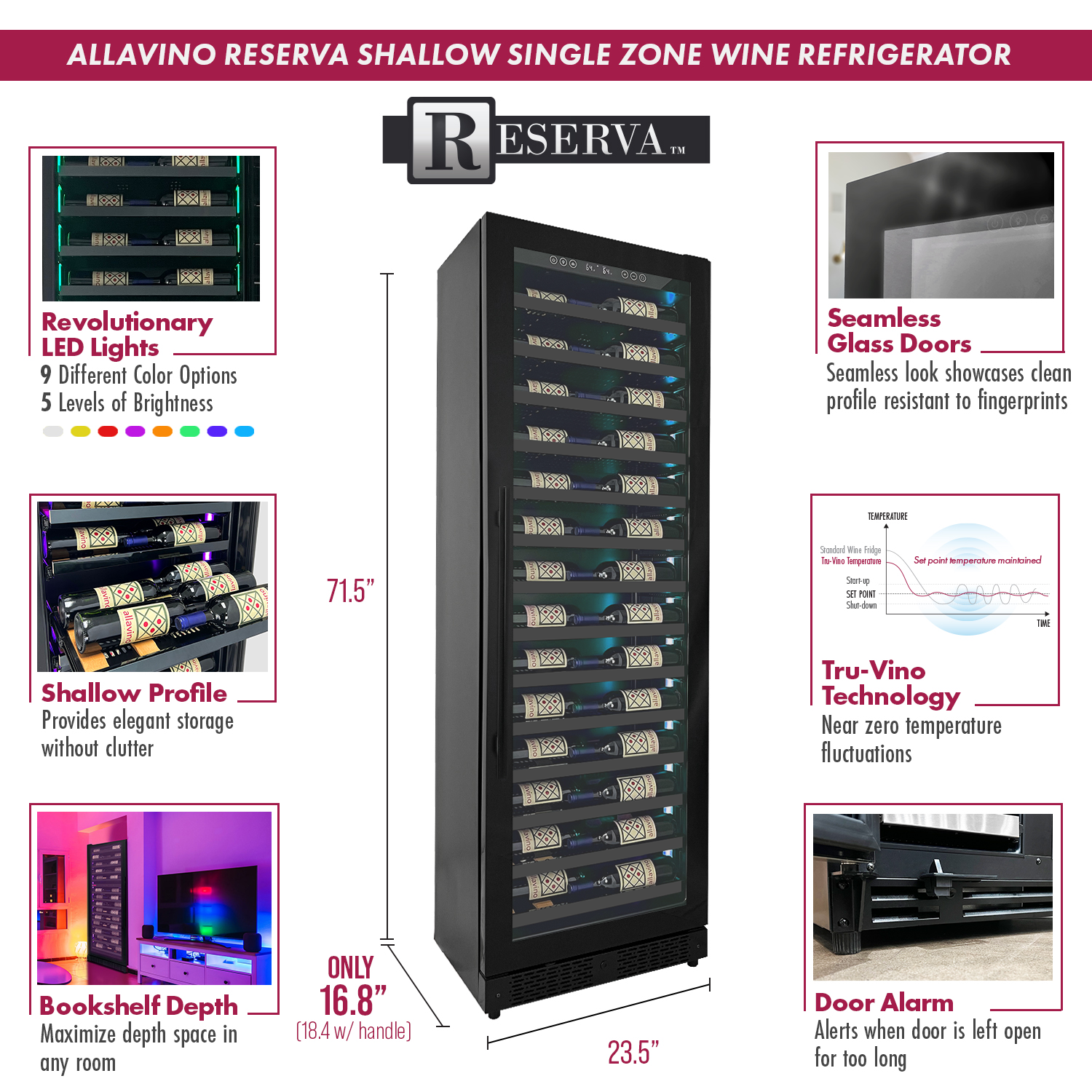 Allavino - Reserva Series 67 Bottle 71" Tall Single Zone Black Shallow Wine Refrigerator Console