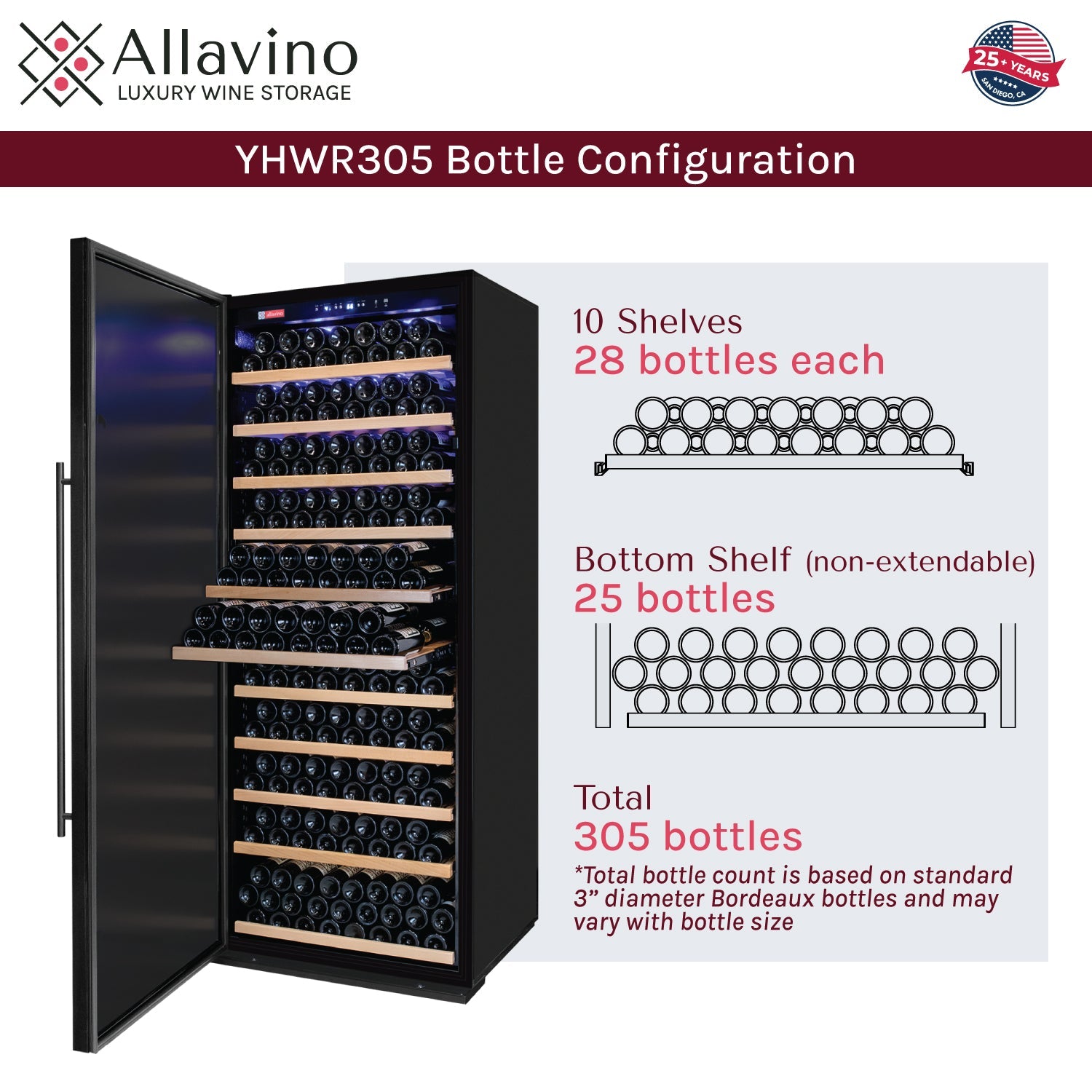 Allavino - 32" Wide Vite II Tru-Vino 305 Bottle Single Zone Solid Black Left Hinge Door Wine Refrigerator