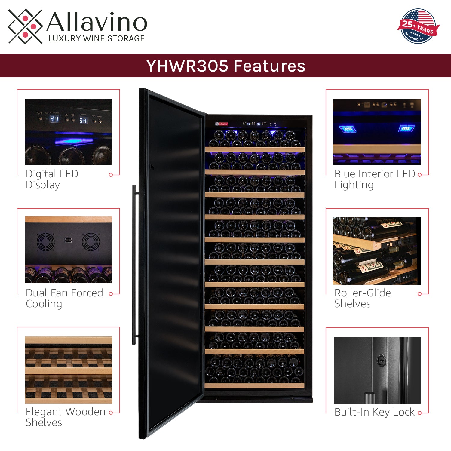 Allavino - 32" Wide Vite II Tru-Vino 305 Bottle Single Zone Solid Black Left Hinge Door Wine Refrigerator