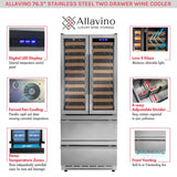 Allavino - 76.5" Tall Stainless Steel French Doors Dual Zone Wine Refrigerator with Two Refrigerated Drawers - AO YHWR7731FD-S
