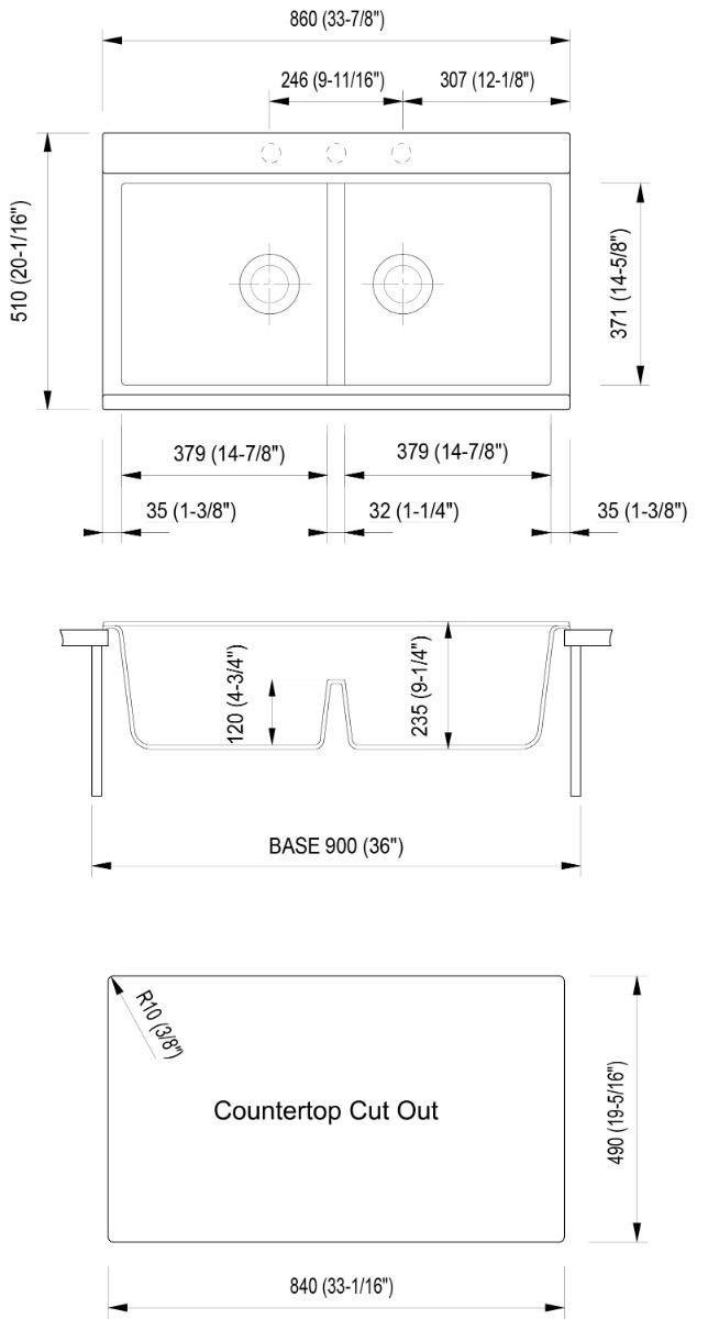 ALFI brand - Black 33" Granite Composite Workstation Step Rim Double Bowl Drop In Sink with Accessories - AB3418DBDI-BLA