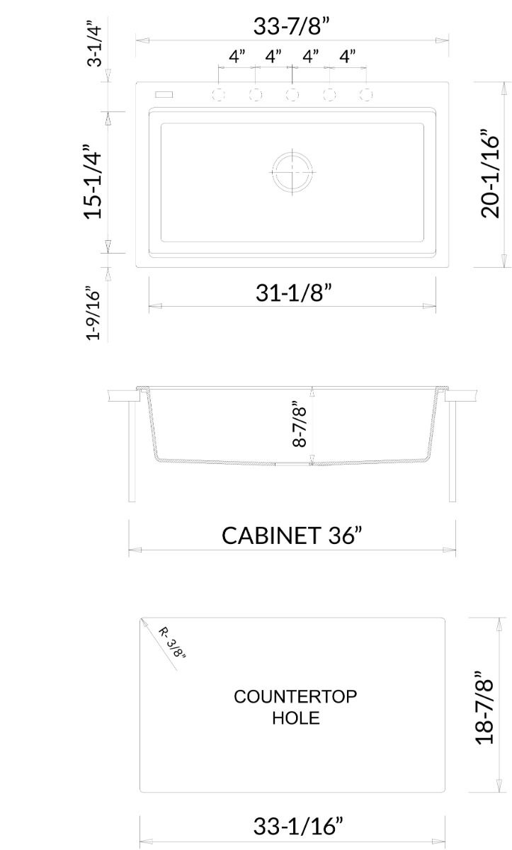 ALFI brand - Black 33" Granite Composite Workstation Step Rim Single Bowl Drop In Sink with Accessories - AB3418SBDI-BLA