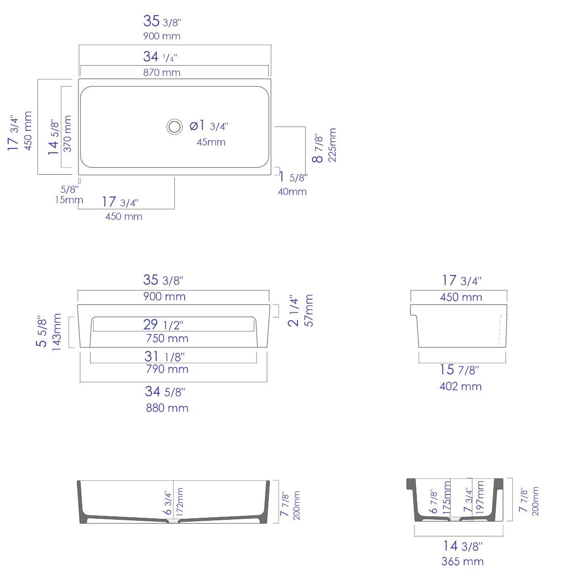 ALFI brand - 36" Grey Matte Above Mount Fireclay Bathroom Trough Sink - AB36TRGM