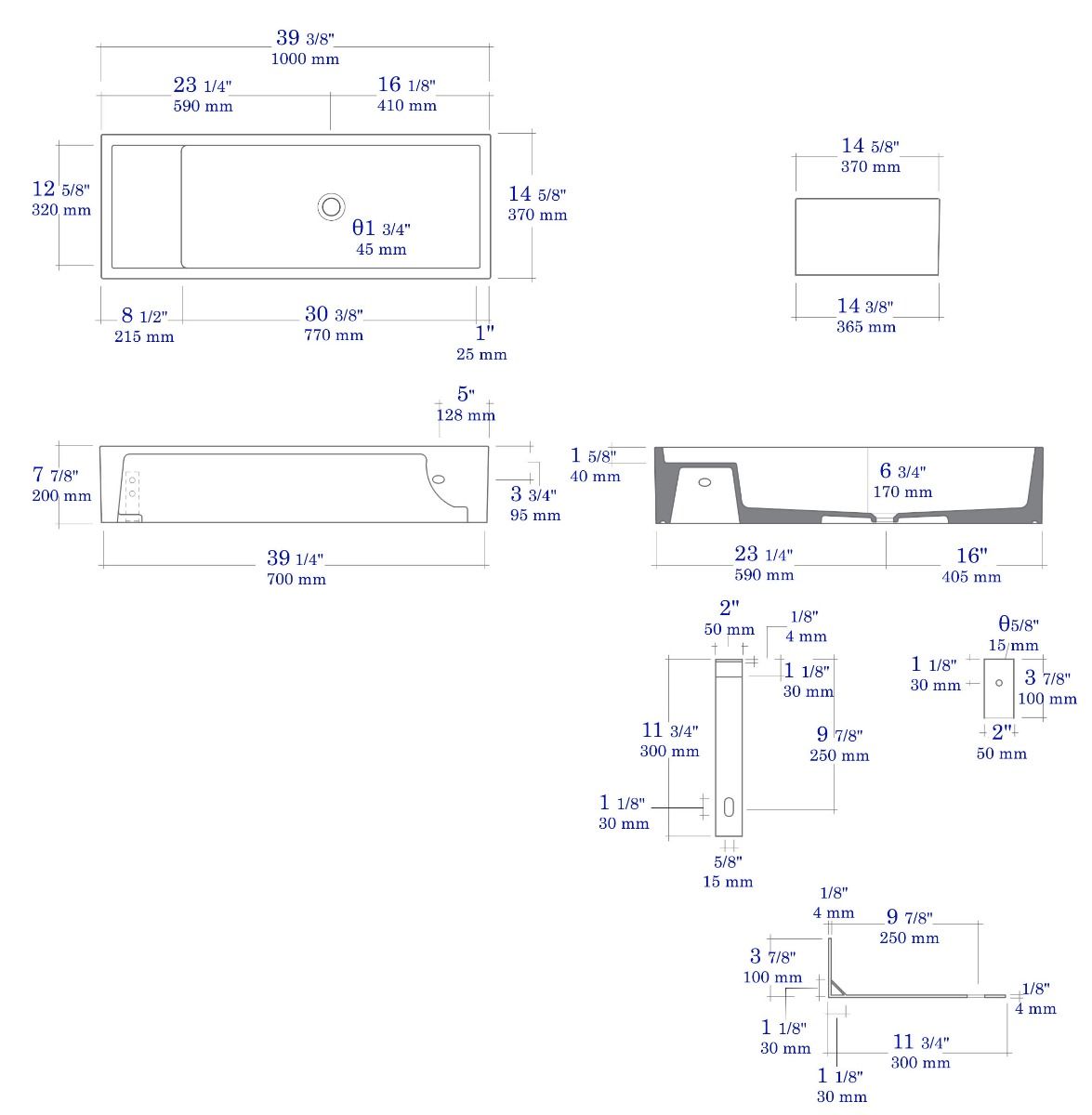 ALFI brand - 39" Black Matte Above Mount Fireclay Bathroom Trough Sink - AB39TRBM