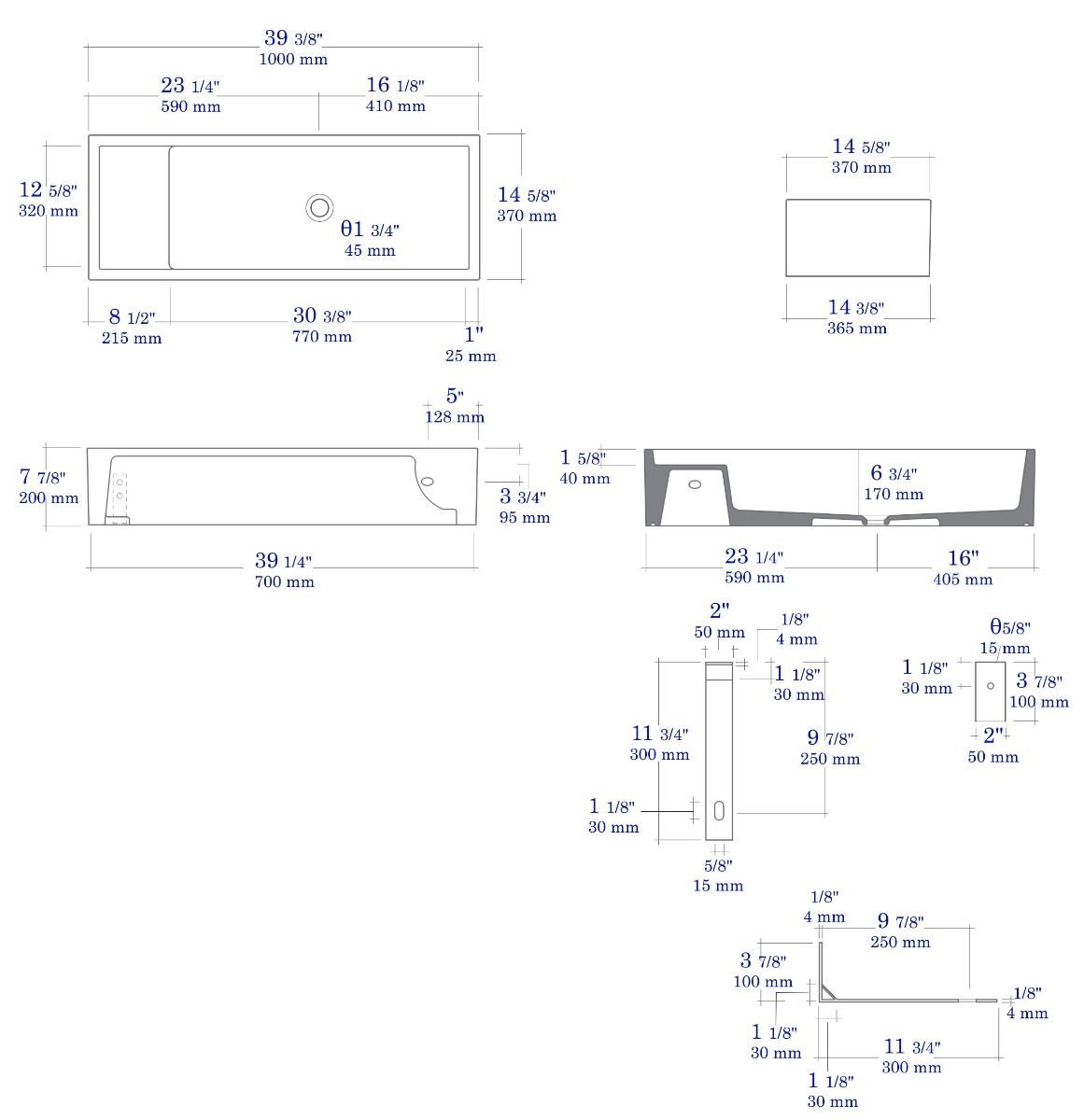 ALFI brand - 39" Grey Matte Above Mount Fireclay Bathroom Trough Sink - AB39TRGM