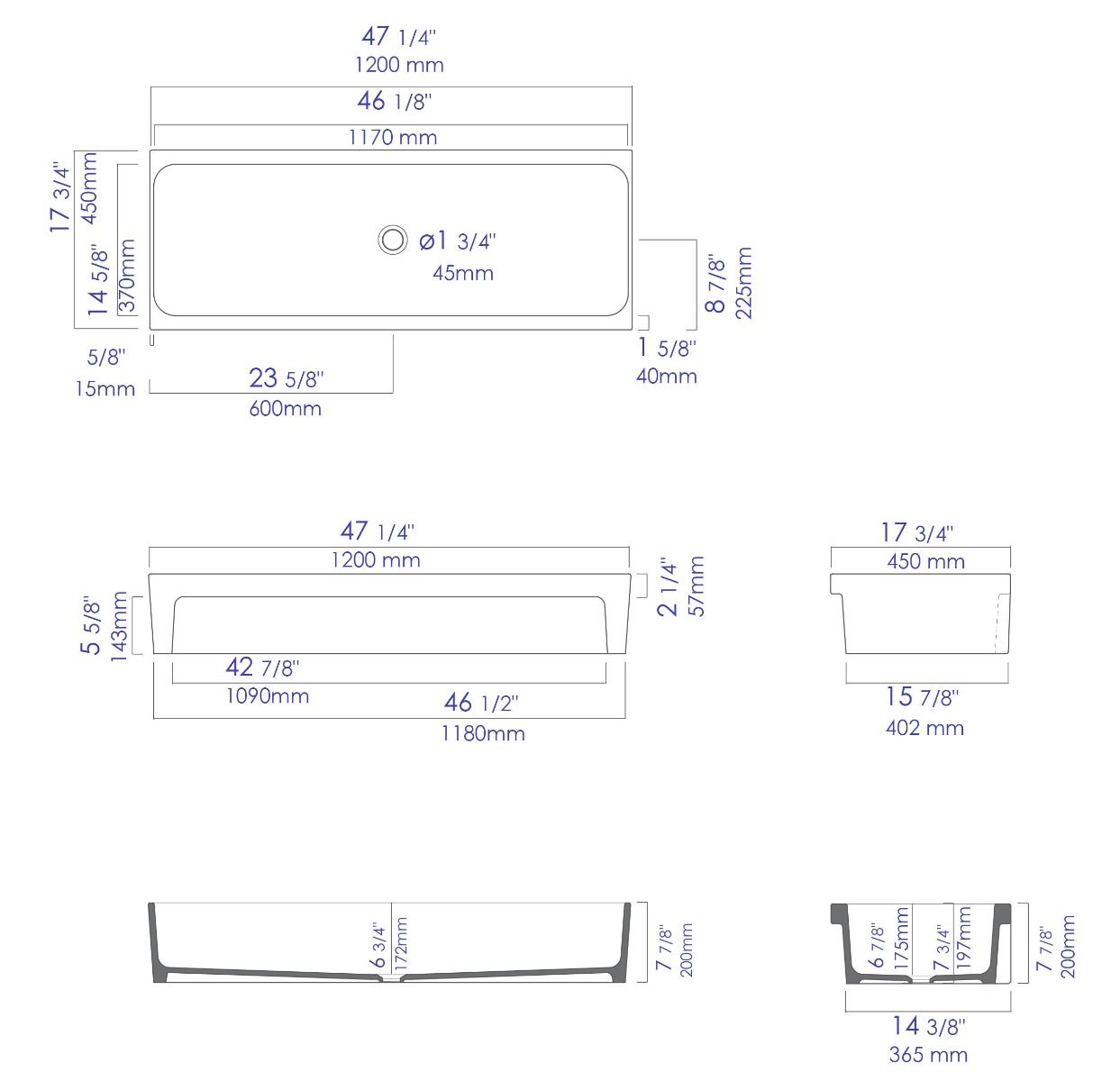 ALFI brand - 48" Black Matte Above Mount Fireclay Bathroom Trough Sink - AB48TRBM