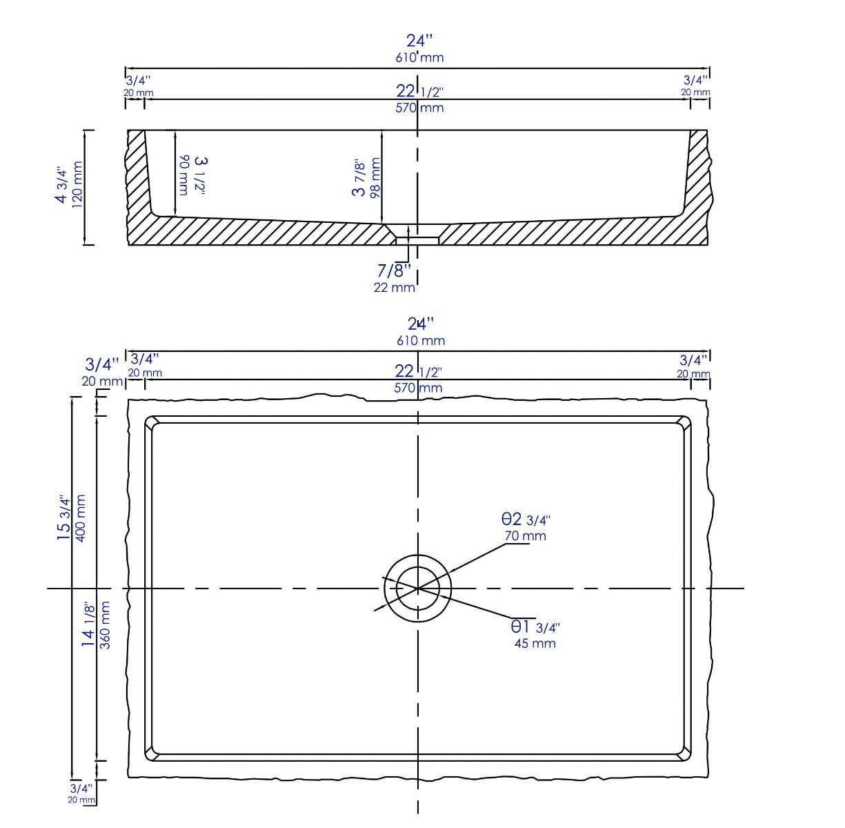 ALFI brand - 24" Solid Concrete Chiseled Style Rectangular Above Mount Vessel Sink - ABCO24R