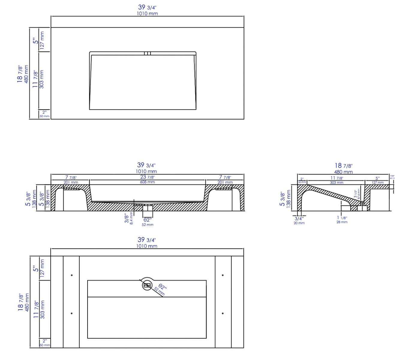 ALFI brand - 40" Solid Concrete Rectangular Countertop Sink - ABCO40R