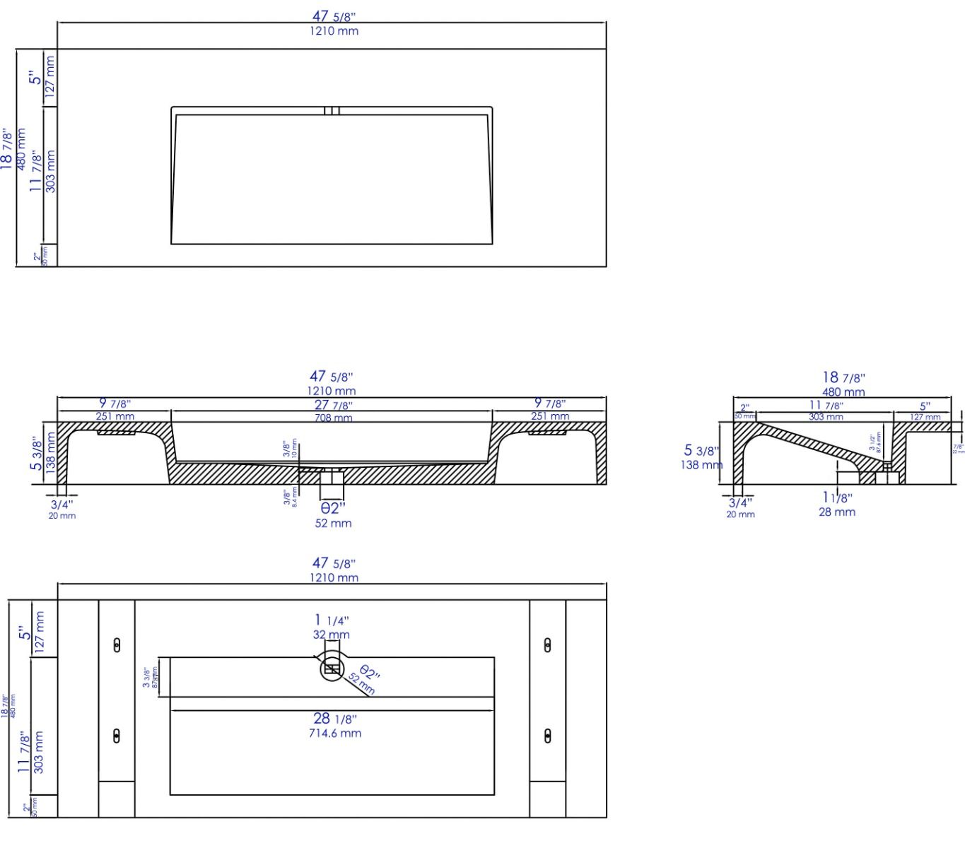 ALFI brand - 48" Solid Concrete Rectangular Countertop Sink - ABCO48R