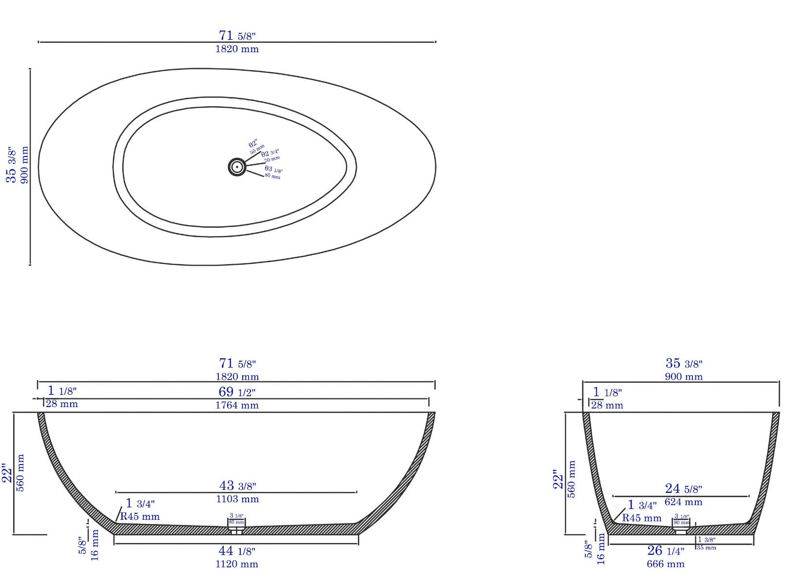 ALFI brand - 72" Solid Concrete Tear Drop Freestanding Bathtub - ABCO72TUB