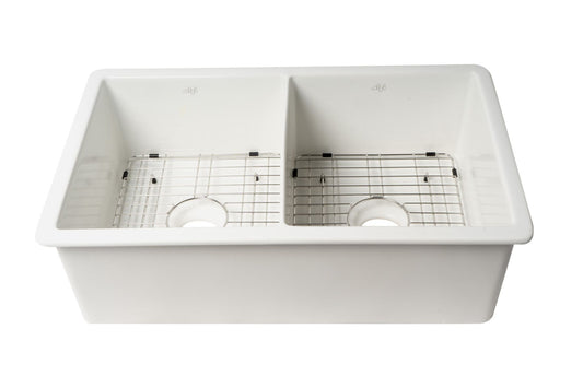 ALFI brand - White 32" x 19" Double Bowl Fireclay Undermount / Drop In Fireclay Kitchen Sink - ABF3219DUD-W