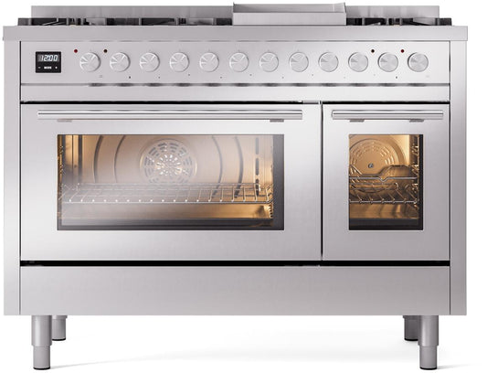 ILVE - 48" Pro Plus II Series Freestanding Dual Fuel Range - Double Oven - Viewing Window(s) - Griddle - Natural Gas