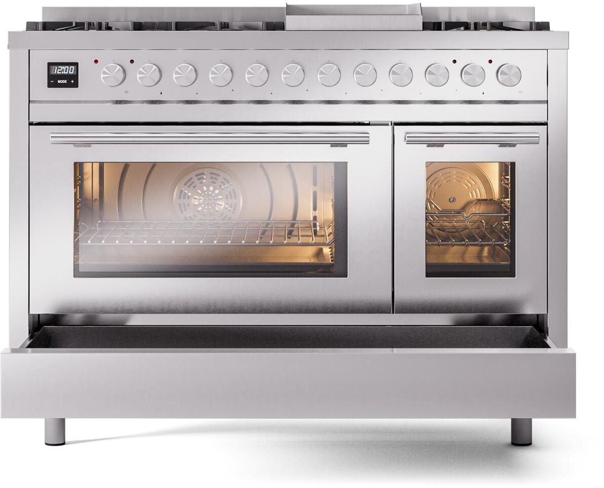 ILVE - 48" Pro Plus II Series Freestanding Dual Fuel Range - Double Oven - Viewing Window(s) - Griddle - Natural Gas