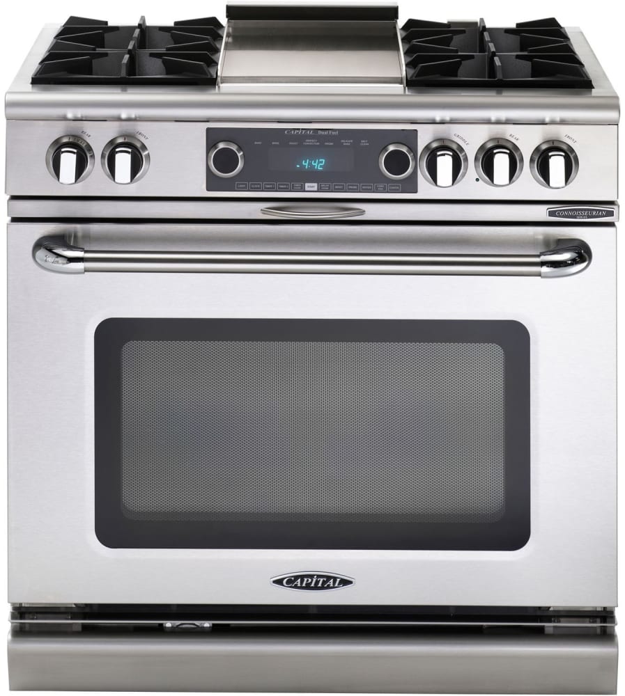 Capital Cooking - 36" Capital Connoisseurian Dual Fuel Range - Self Clean - 25K BTU - 4 Open Burners + 12" Griddle, 1 8K BTU Small Pan Burner - COB362G2