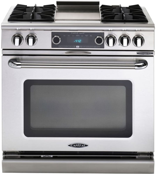 Capital Cooking - 36" Capital Connoisseurian Dual Fuel Range - Self Clean - 25K BTU - 4 Open Burners + 12" Griddle, 1 8K BTU Small Pan Burner - COB362G2