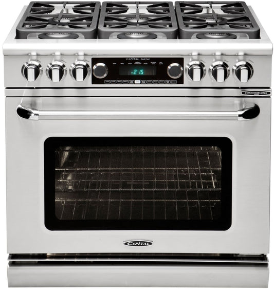 Capital Cooking - 36" Capital Connoisseurian Dual Fuel Range - Self Clean - 19K BTU - 4 Sealed Burners w/ 12" BBQ (centered) - CSB362B2