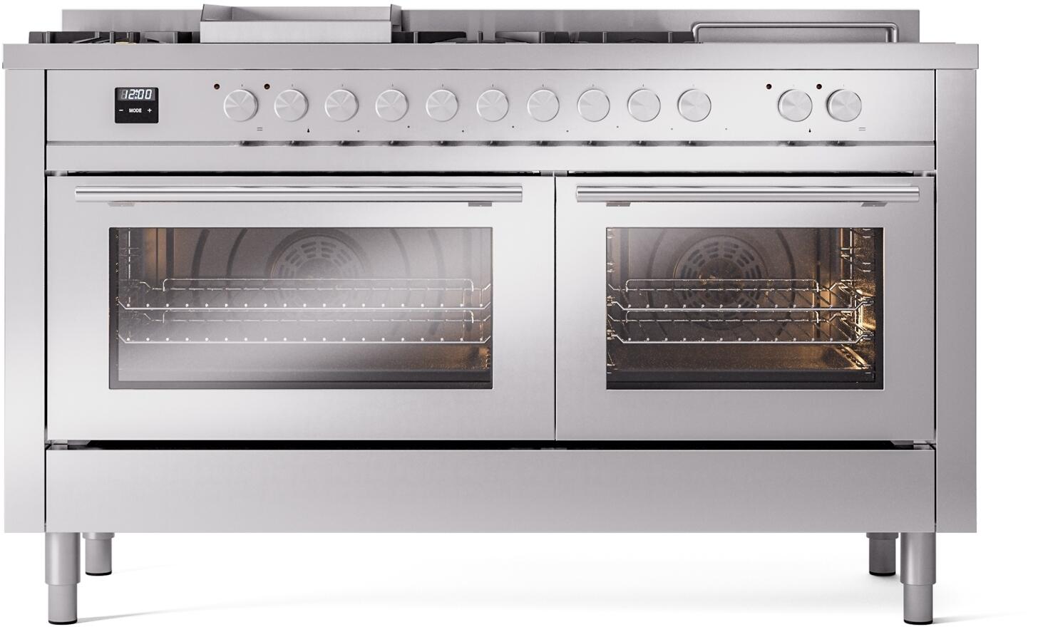 ILVE - 60" Pro Plus II Series Freestanding Dual Fuel Range - Double Oven - Viewing Window(s) - Griddle, Coup de Feu,- Natural Gas