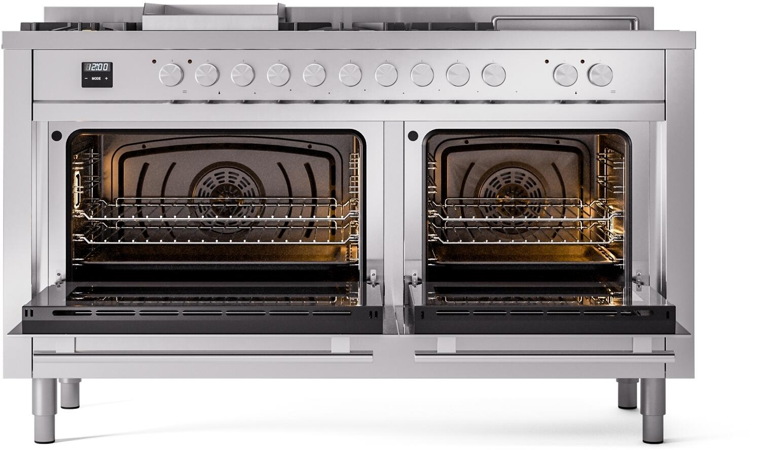 ILVE - 60" Pro Plus II Series Freestanding Dual Fuel Range - Double Oven - Viewing Window(s) - Griddle, Coup de Feu,- Natural Gas