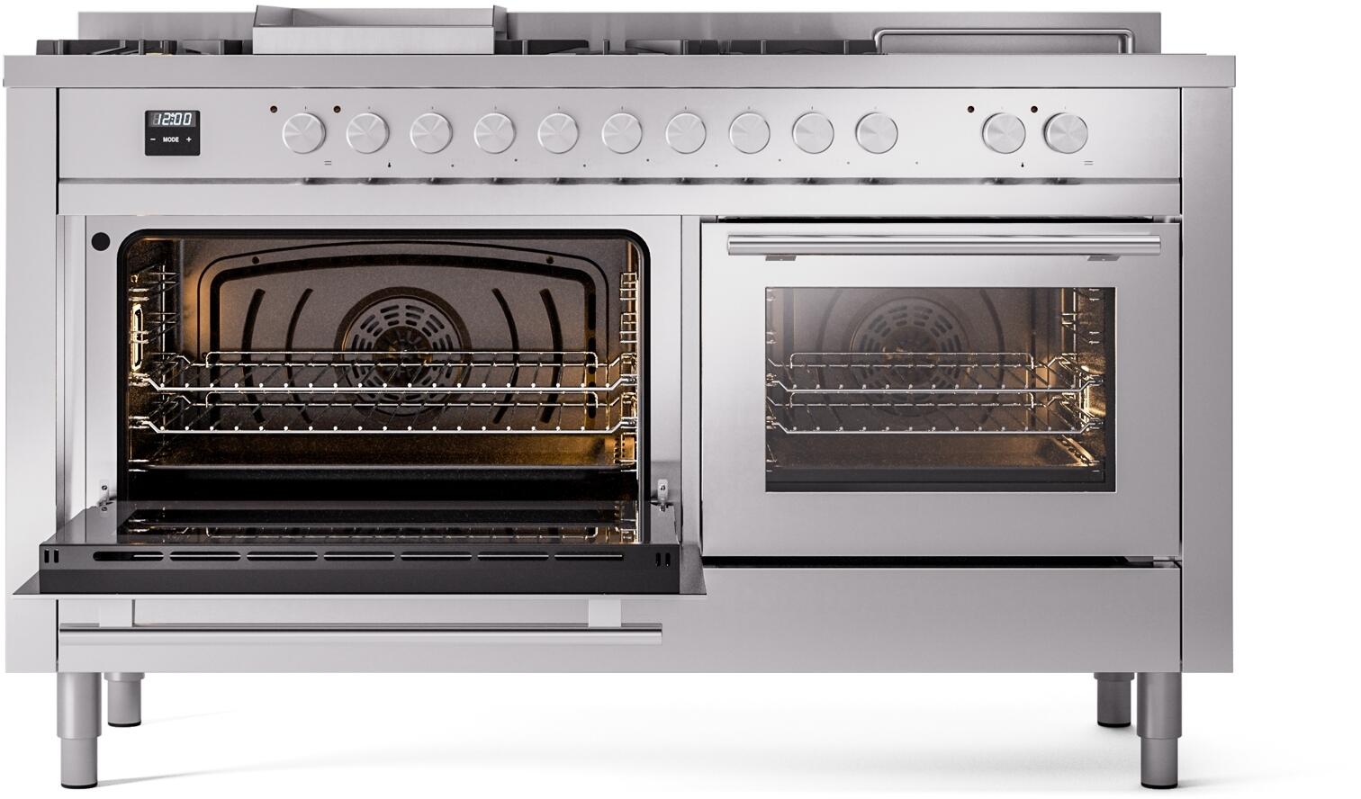 ILVE - 60" Pro Plus II Series Freestanding Dual Fuel Range - Double Oven - Viewing Window(s) - Griddle, Coup de Feu,- Natural Gas