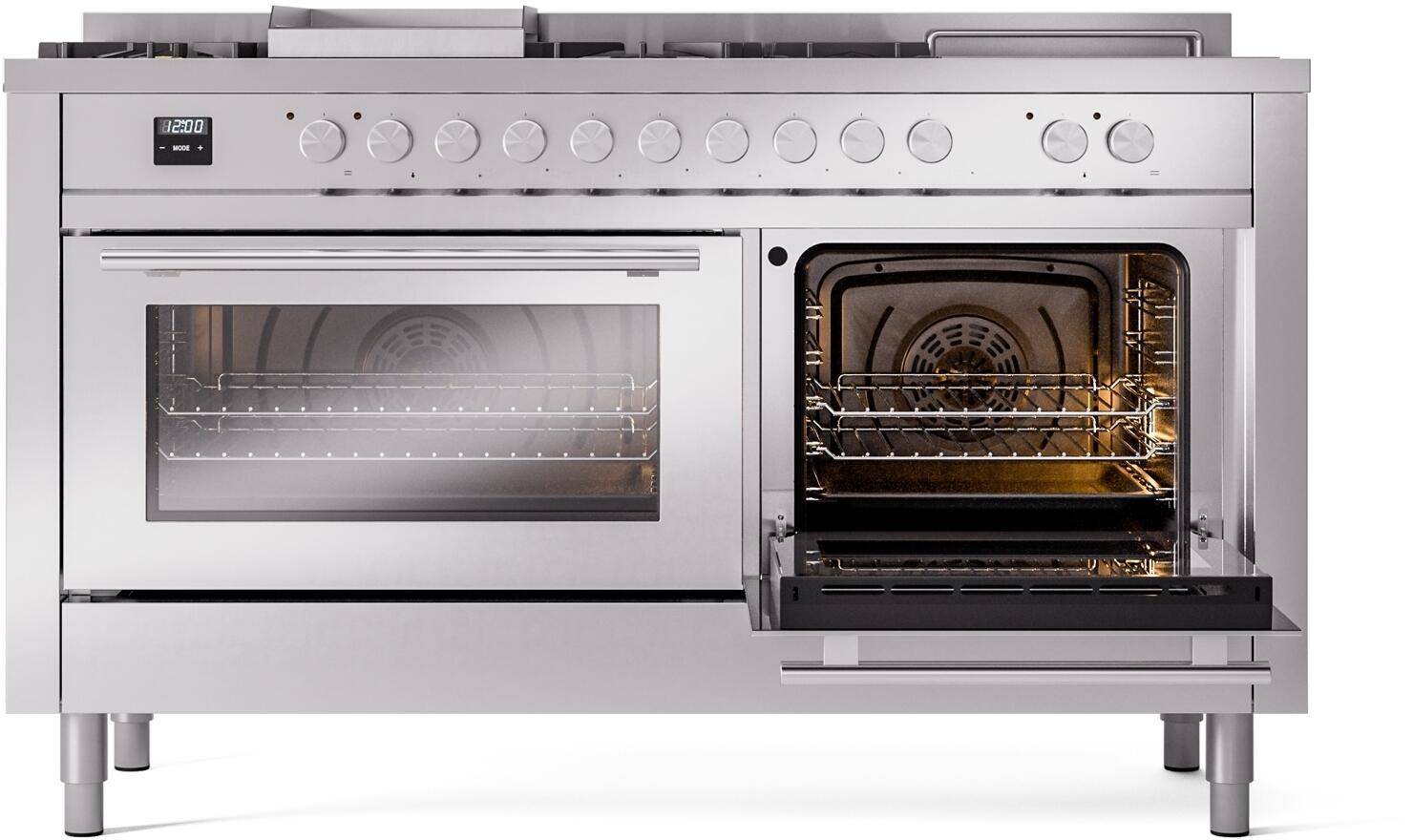 ILVE - 60" Pro Plus II Series Freestanding Dual Fuel Range - Double Oven - Viewing Window(s) - Griddle, Coup de Feu,- Liquid Propane