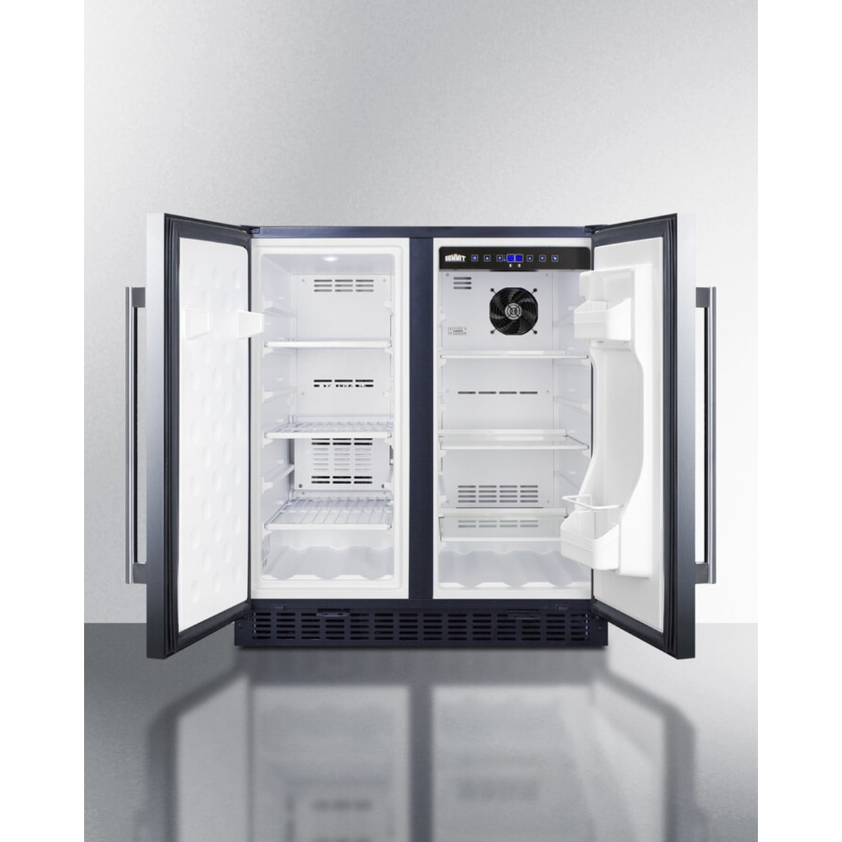 Summit - 30" wide undercounter frost-free side-by-side refrigerator-freezer in stainless steel with locks, stainless steel handles, and digital controls - FFRF3070BSS