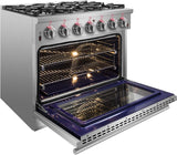 FORNO - 36-Inch Freestanding Gas Range: 6 Sealed Burners, 5.36 cu. ft. Oven, Continuous Grates, Convection, Illuminated Knobs