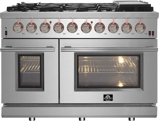 FORNO - 48-Inch Freestanding Gas Range: 8 Sealed Burners, Double Oven, 6.58 cu. ft. Total Capacity, Continuous Grates