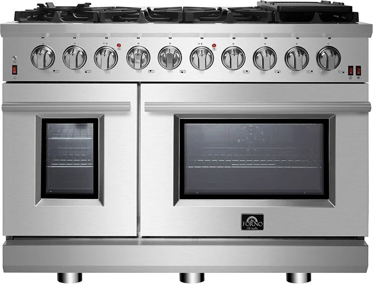 FORNO - 48-Inch Freestanding Gas Range: 8 Sealed Burners, Double Oven, 6.58 cu. ft. Total Capacity, Continuous Grates, True European Convection, Illuminated Knobs - FFSGS6239-48