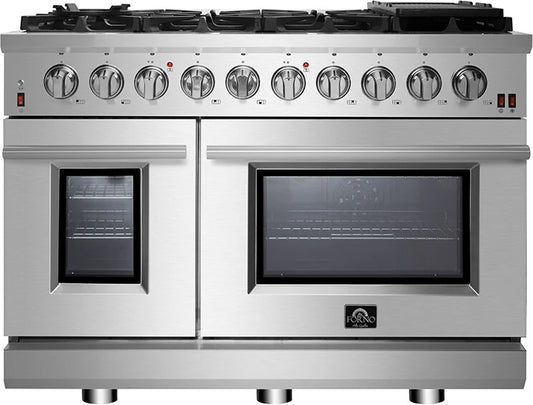 FORNO - 48-Inch Freestanding Gas Range: 8 Sealed Burners, Double Oven, 6.58 cu. ft. Total Capacity, Continuous Grates