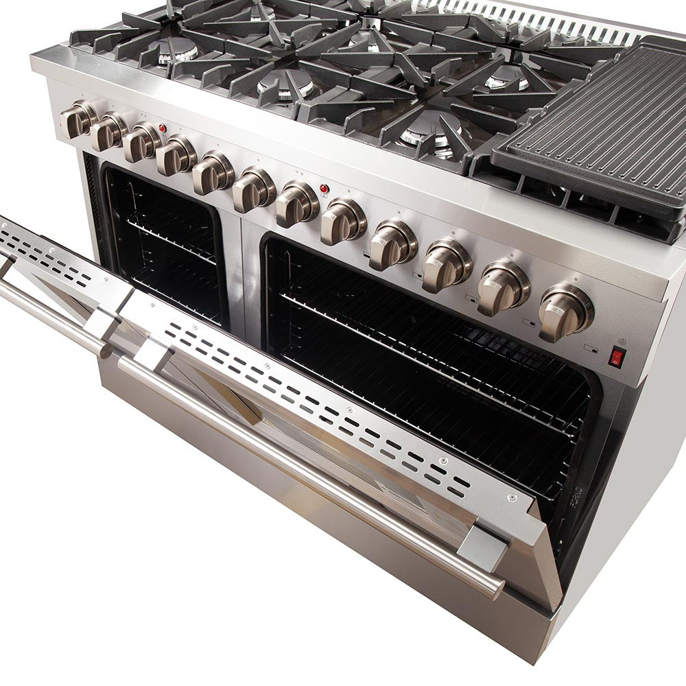 FORNO - 48-Inch Galiano Dual Fuel Range - Gas Cooktop with 240v Electric Oven - 8 Burners, Griddle, and Double Oven