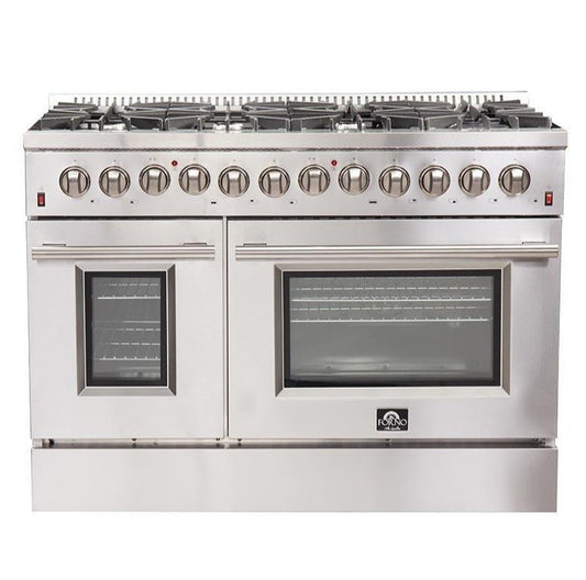 FORNO - 48-Inch Galiano Dual Fuel Range - Gas Cooktop with 240v Electric Oven - 8 Burners, Griddle, and Double Oven