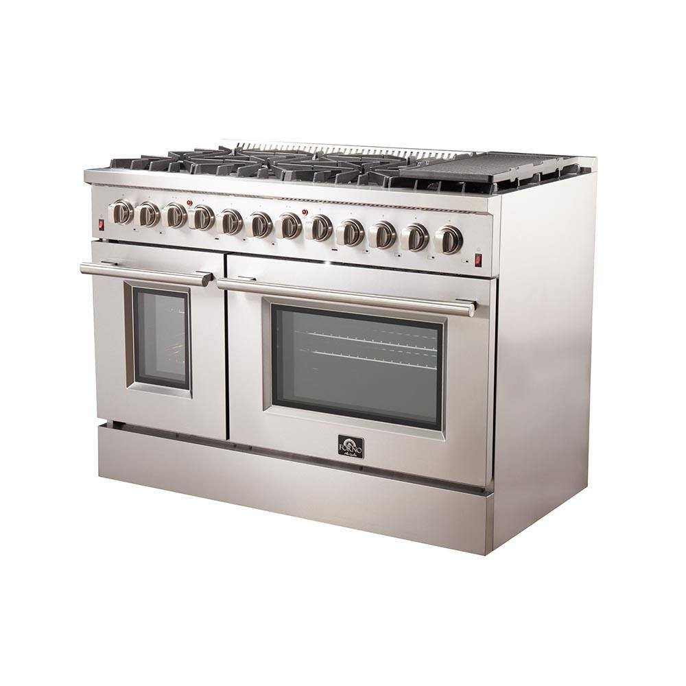 FORNO - 48-Inch Galiano Dual Fuel Range - Gas Cooktop with 240v Electric Oven - 8 Burners, Griddle, and Double Oven