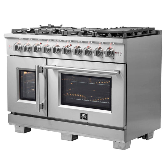 FORNO - 48-Inch Capriasca Dual Fuel Range with 8 Gas Burners, 160,000 BTUs & French Door Electric Oven in Stainless Steel