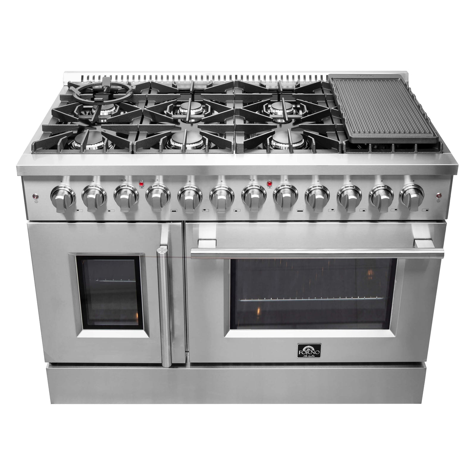 FORNO - 48-Inch Galiano Dual Fuel Range with 8 Gas Burners, 107,000 BTUs, & French Door Electric Oven in Stainless Steel