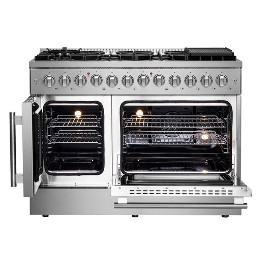 FORNO - 48-Inch Galiano Dual Fuel Range with 8 Gas Burners, 107,000 BTUs, & French Door Electric Oven in Stainless Steel