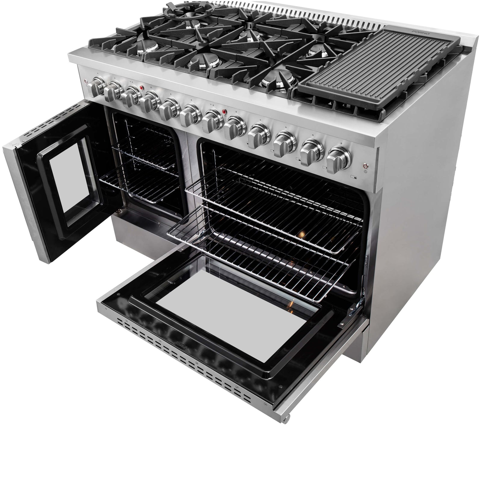 FORNO - 48-Inch Galiano Dual Fuel Range with 8 Gas Burners, 107,000 BTUs, & French Door Electric Oven in Stainless Steel