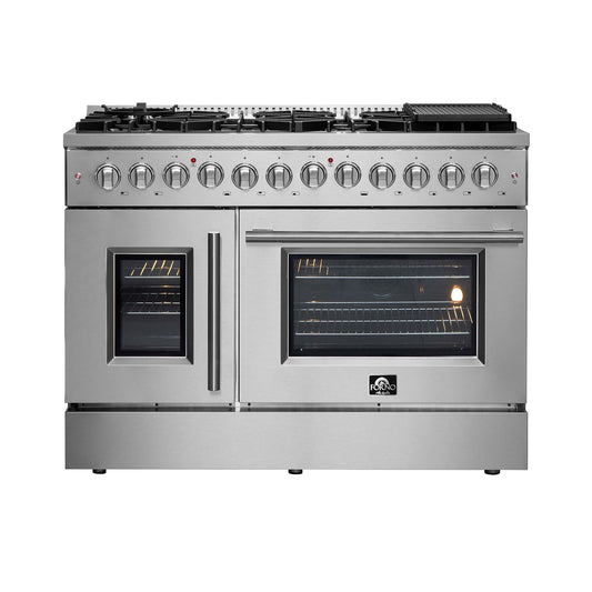 FORNO - 48-Inch Galiano Dual Fuel Range with 8 Gas Burners, 107,000 BTUs, & French Door Electric Oven in Stainless Steel