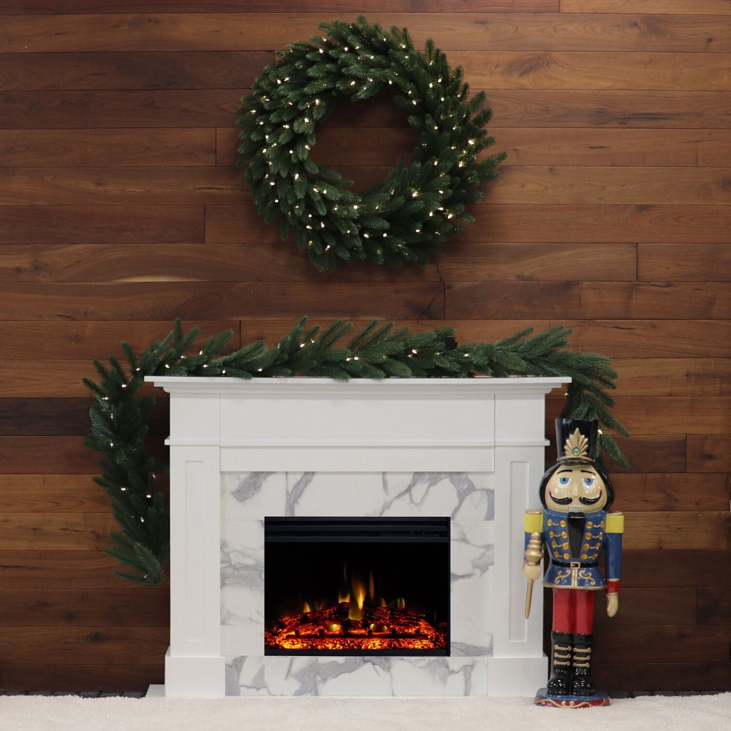 Cambridge - 53"x17.7"x13.4" Sofia Fireplace Mantel w/ Marble and Deep Log Insert - Electric Mantel Fireplaces - CAM5617-1WHTLG3