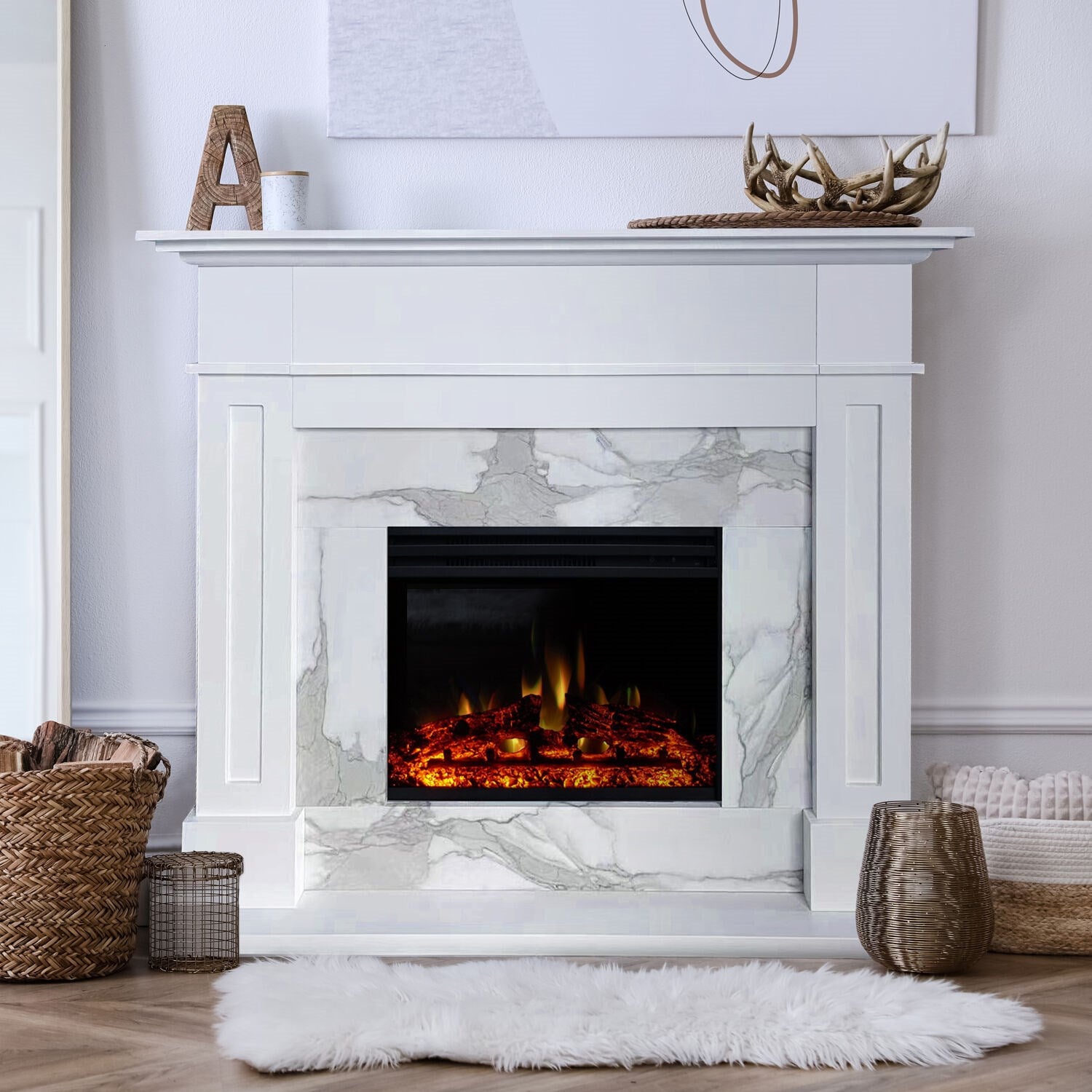 Cambridge - 53"x17.7"x13.4" Sofia Fireplace Mantel w/ Marble and Deep Log Insert - Electric Mantel Fireplaces - CAM5617-1WHTLG3