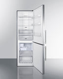 Summit - European counter depth bottom freezer refrigerator with stainless steel doors, platinum cabinet, factory installed icemaker, and digital controls for each section - FFBF249SS2IM