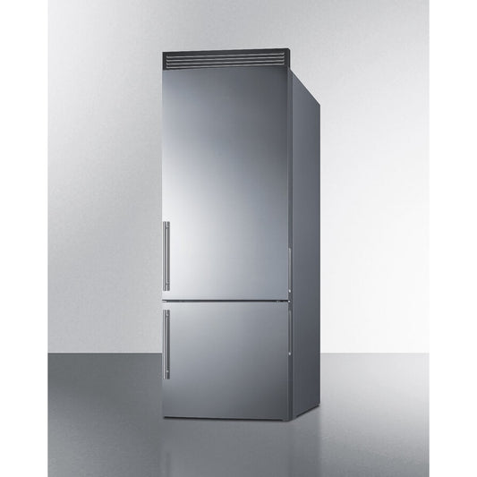 Summit - Frost-free bottom freezer refrigerator with factory-installed icemaker, handles, and grill to raise height to 72" - FFBF279SSXIMH72