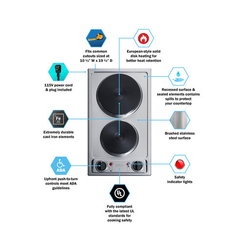 Summit - 12" Wide 115V 2-Burner Solid Disk Cooktop